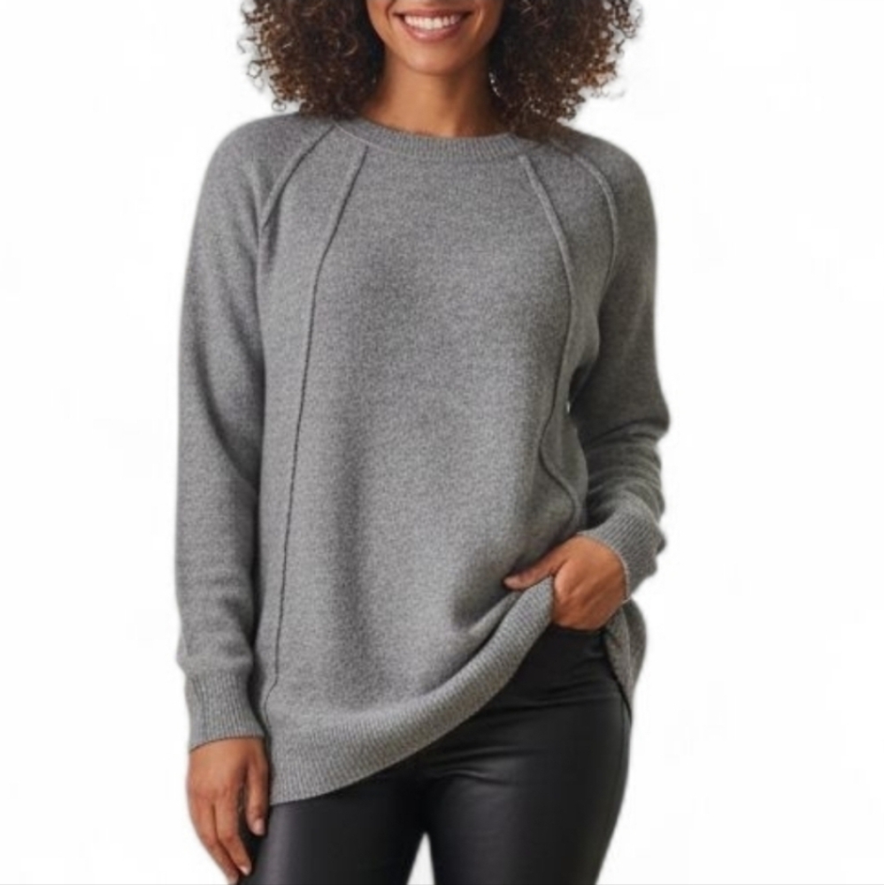 Inhabit Sweater Gray Crew Neck 100% Merino Wool Hi Low Hem Exposed Seams Size S